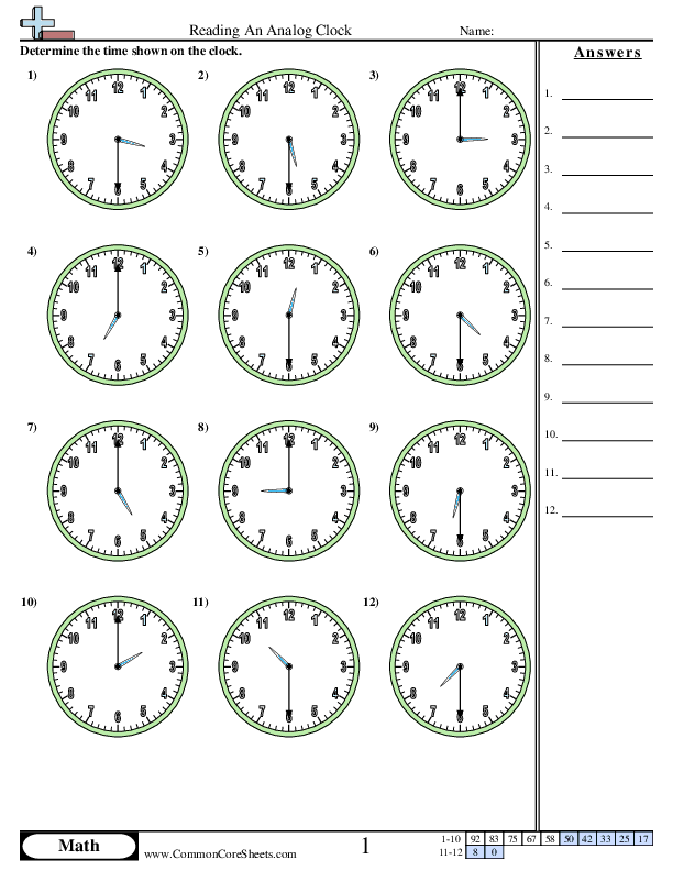 Reading a Clock (Half Hour Increments) worksheet